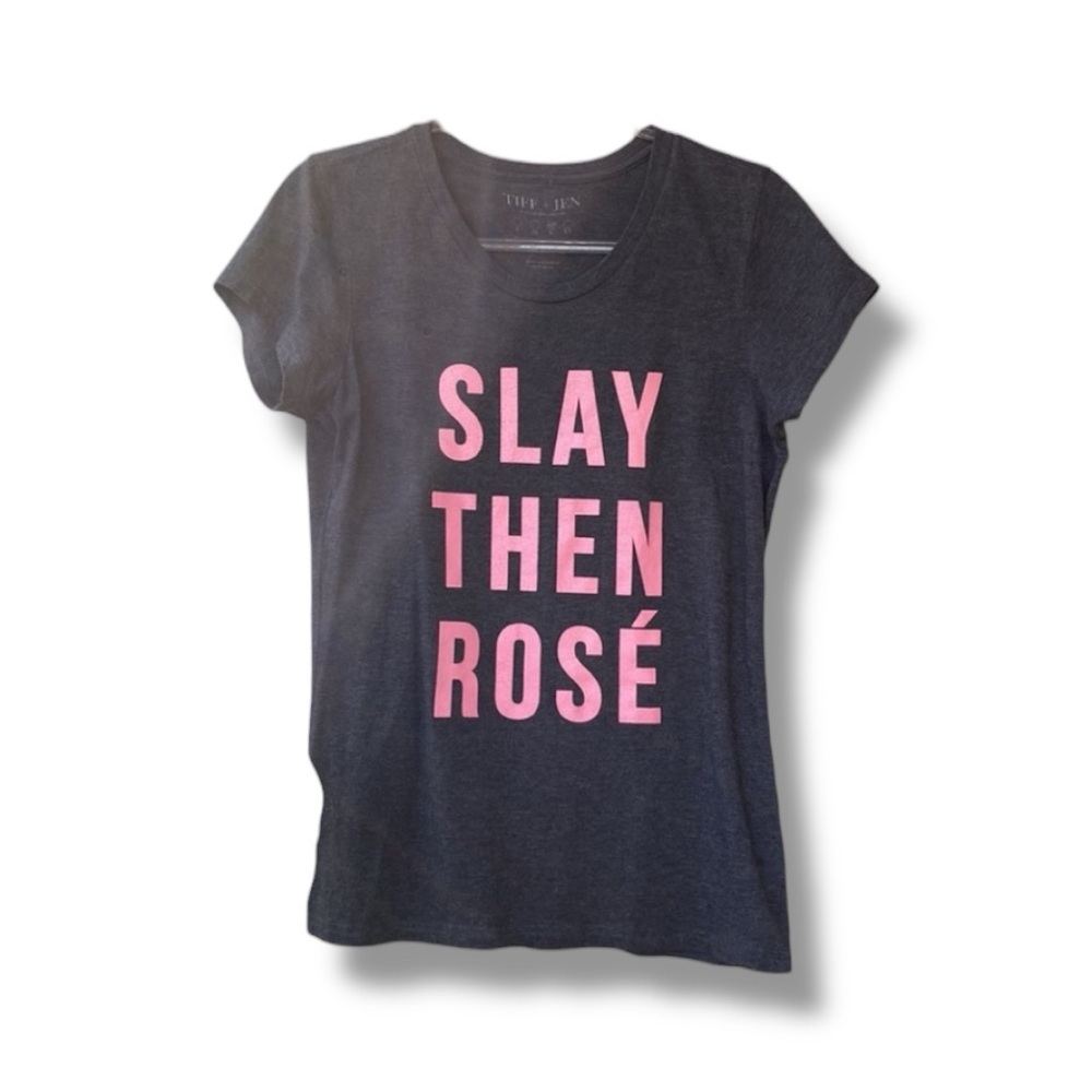 Slay Then Rosé Top T-Shirt / Gray + Pink Size Large